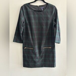 GAP Green and Nay Plaid Shift Mini Dress Gold Zipper 3/4 Sleeve Sz. M Classic